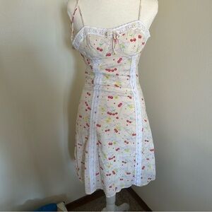 Lyn Around Cherry Print Lace Trim Dress Cottagecore XS 100% Cotton